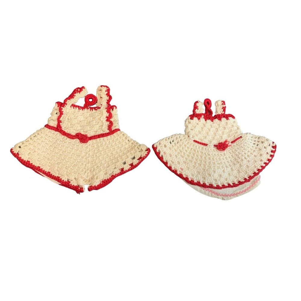 Vintage Crochet Doll Dress Pot Holders - Cream & Red - Handmade - Matching Pair